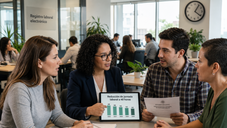 Grupo de profesionales en una oficina moderna discutiendo la reforma de la jornada laboral de 40 horas, mostrando una tableta con una gráfica de implementación gradual de 2026 a 2030.